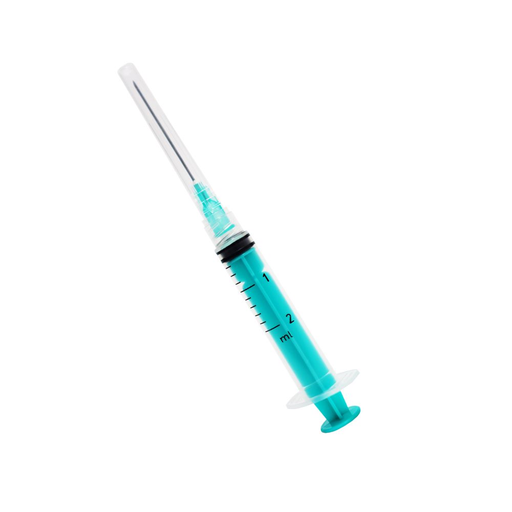 Three-piece sterile hypodermic syringe for single use with «Luer Lock» tip of capacity 2cc with a single-use hypodermic needle