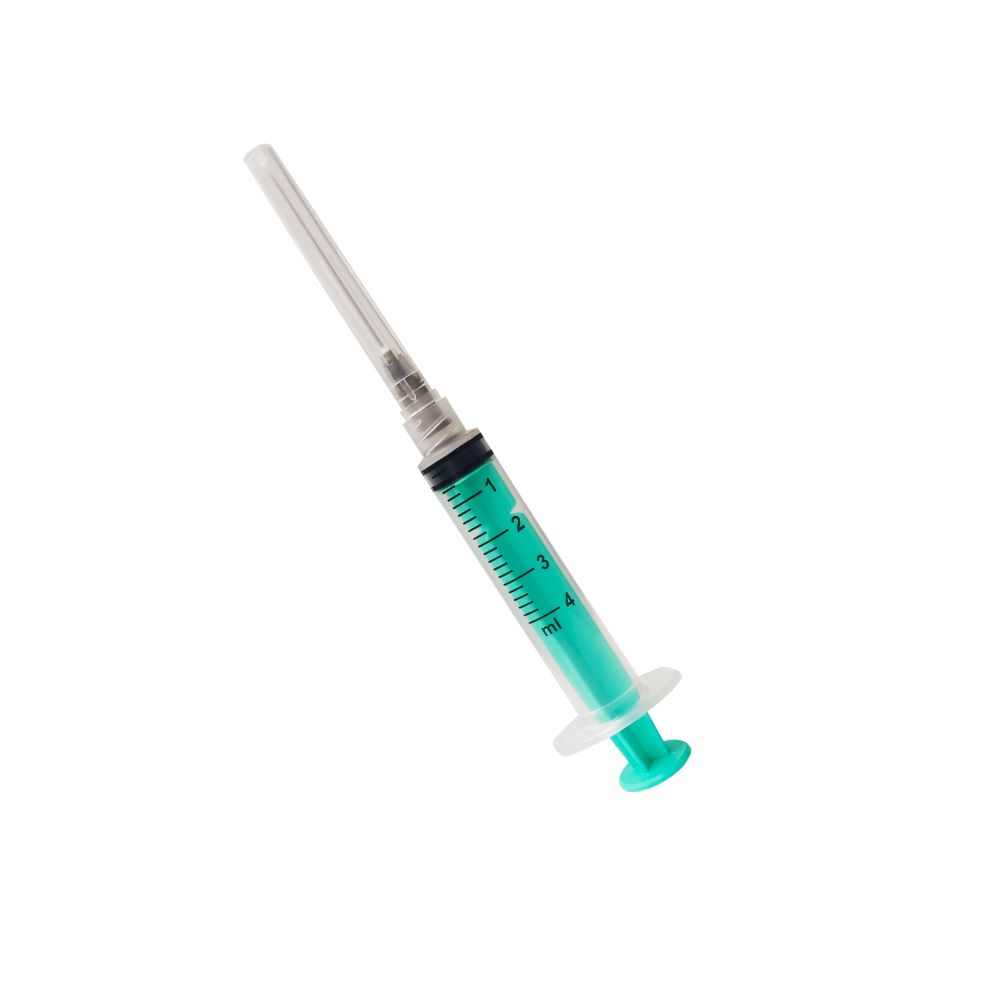 Three-piece sterile hypodermic syringe for single use with «Luer Lock» tip of capacity 4cc with a single-use hypodermic needle