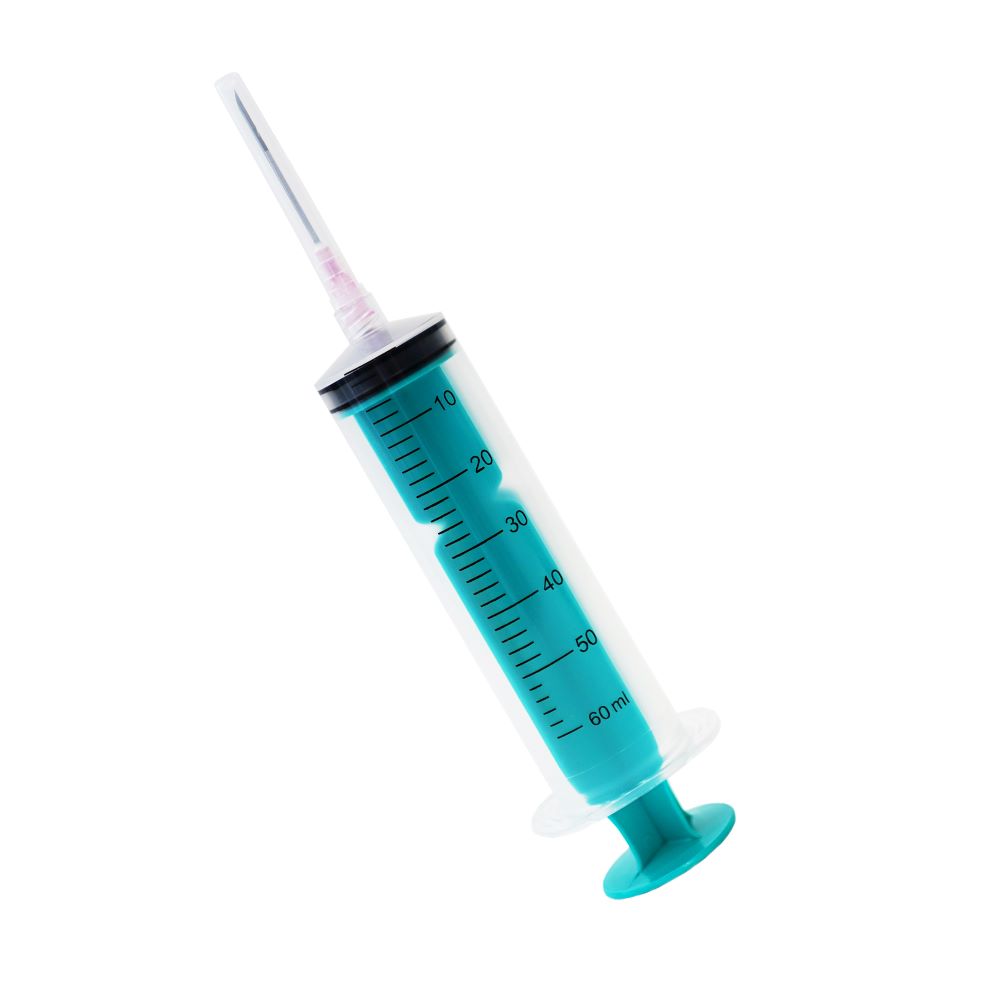 Three-piece sterile hypodermic syringe for single use with «Luer Lock» tip of capacity 50cc with a single-use hypodermic needle