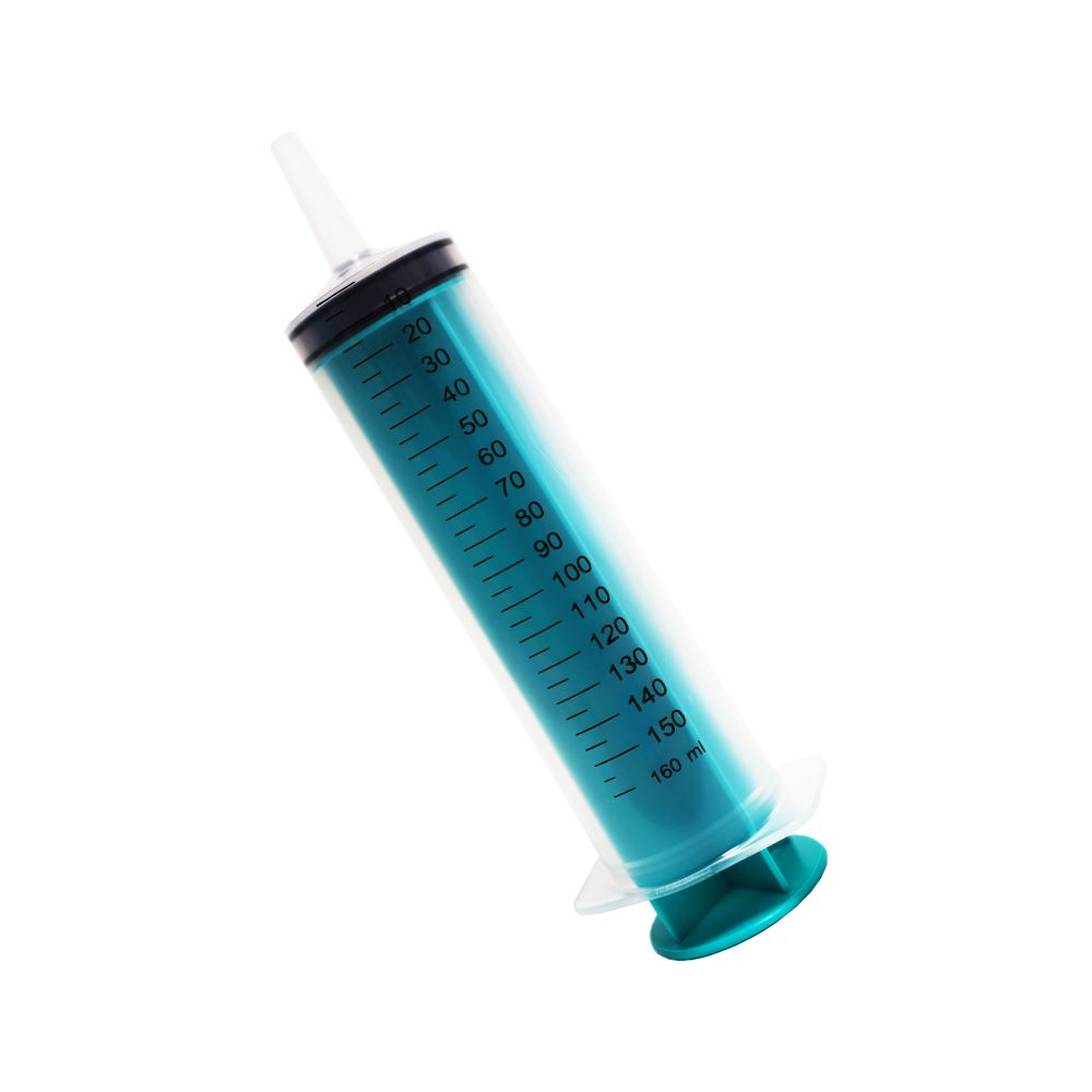 Three-piece sterile without needles syringe for single use with a tip for connecting a universal catheter nozzle with a capacity of 150 ml