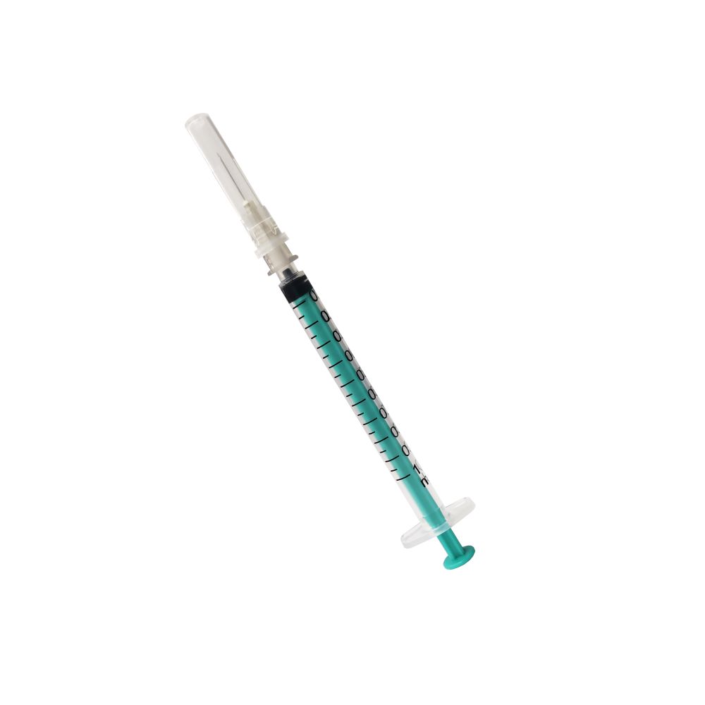 Three-piece sterile hypodermic syringe for single use with «Luer» tip of capacity 1cc with a single-use hypodermic needle