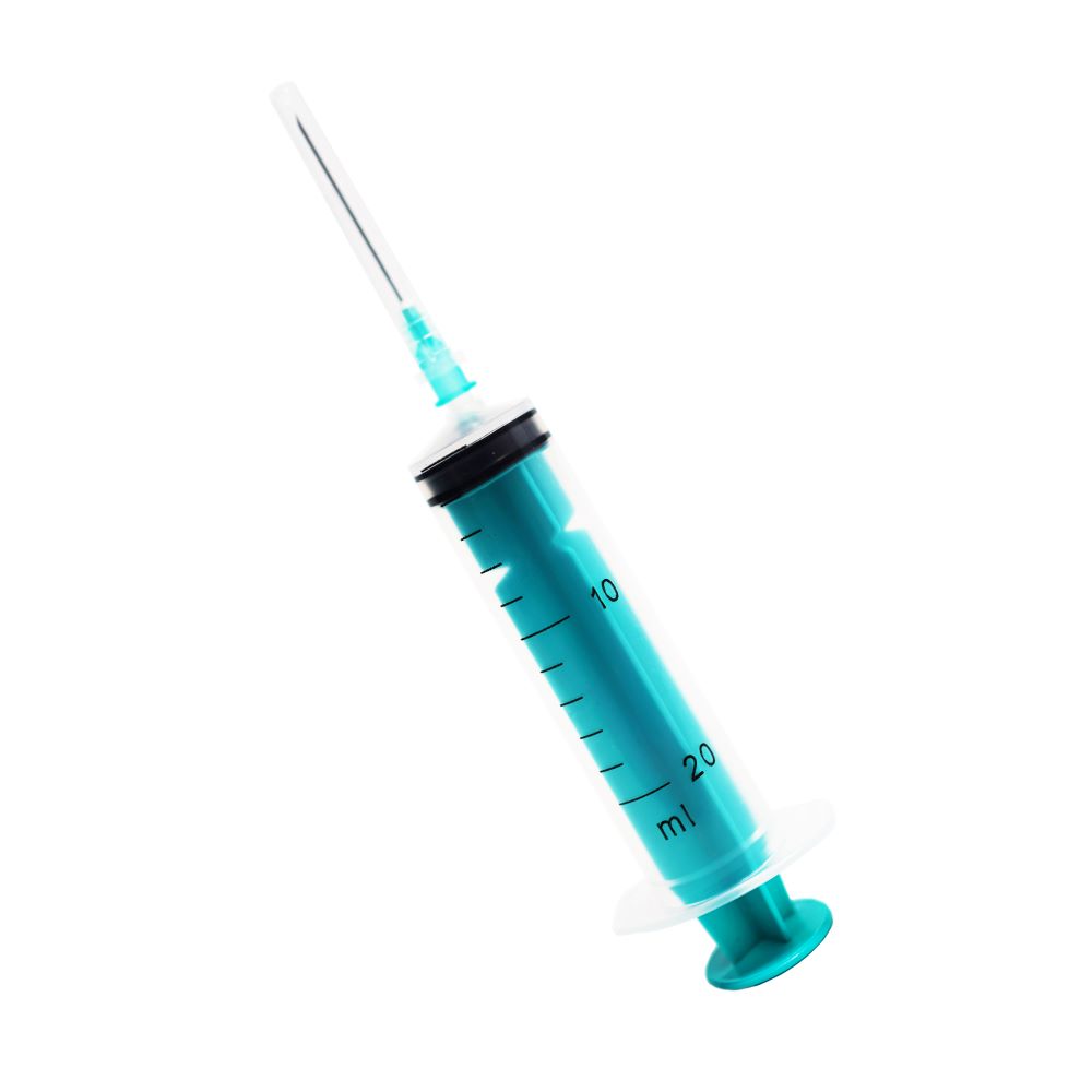 Three-piece sterile hypodermic syringe for single use with «Luer» tip of capacity 20cc with a single-use hypodermic needle
