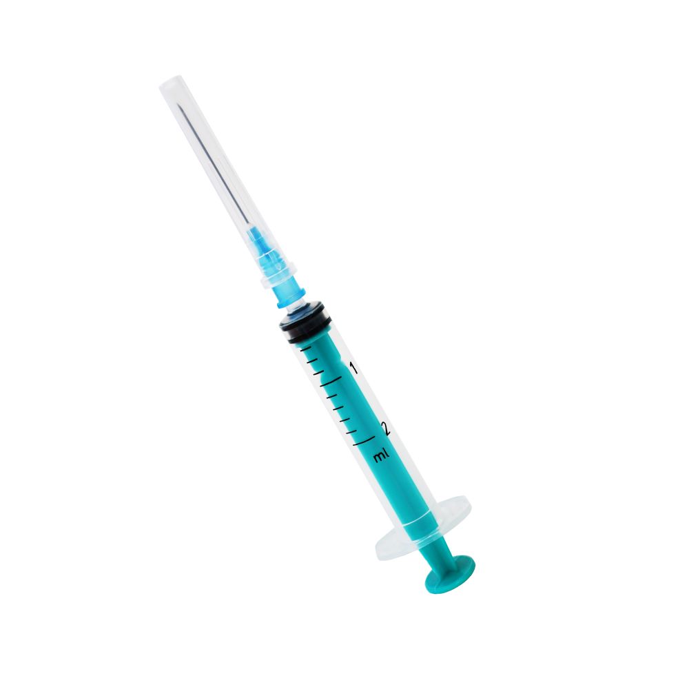 Three-piece sterile hypodermic syringe for single use with «Luer» tip of capacity 2cc with a single-use hypodermic needle